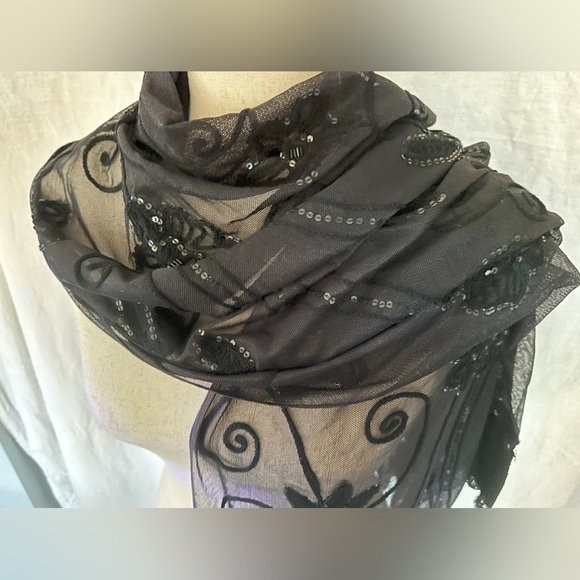 Beaded and Embroidered Black Lace Scarf/Shawl - Picture 4 of 16
